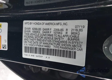 2019 Honda Accord Ex из США, поврежденный, VIN 1HGCV1F45KA144883